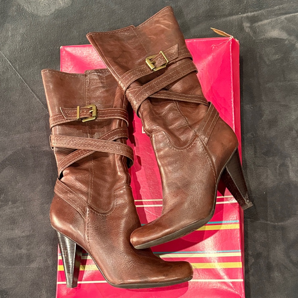 BCBGirls Brown Leather Mid-Calf Heeled Boots with Buckle Straps